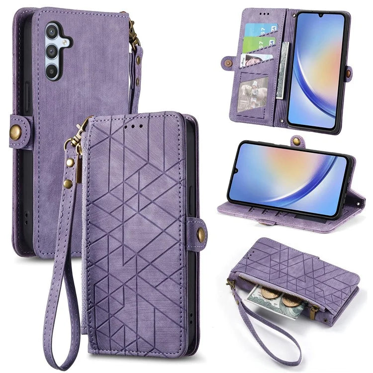 Flip Stand Phone Case for Samsung Galaxy A24 4G (162.1 X 77.6 X 8.3mm) Zipper Pocket Wallet Cell Phone Cover with Wrist Strap