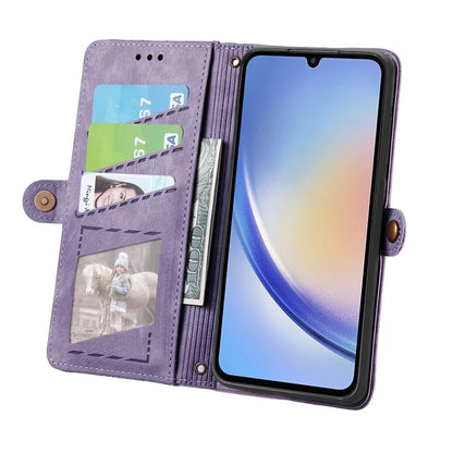 Flip Stand Phone Case for Samsung Galaxy A24 4G (162.1 X 77.6 X 8.3mm) Zipper Pocket Wallet Cell Phone Cover with Wrist Strap