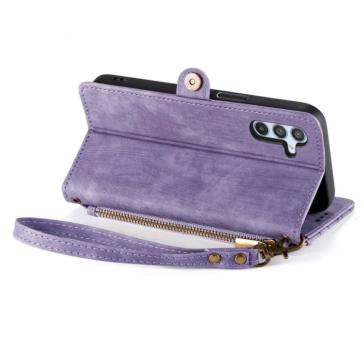Flip Stand Phone Case for Samsung Galaxy A24 4G (162.1 X 77.6 X 8.3mm) Zipper Pocket Wallet Cell Phone Cover with Wrist Strap