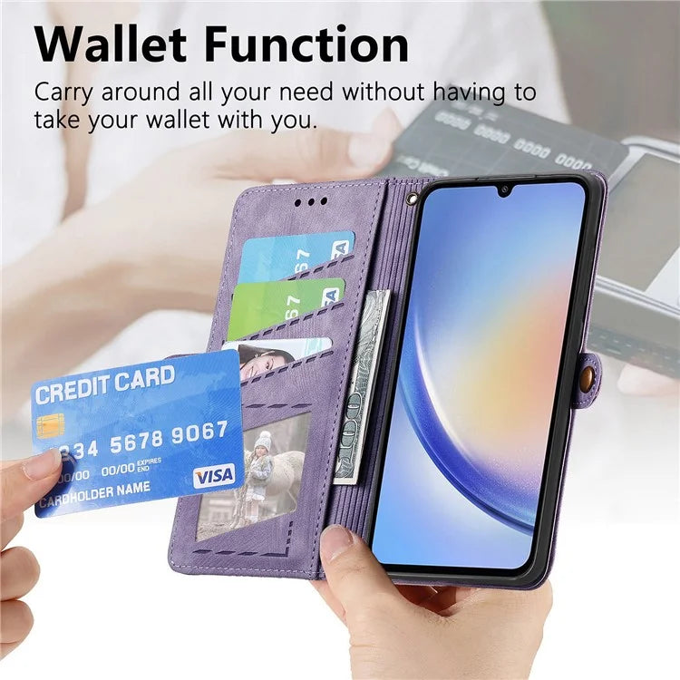Flip Stand Phone Case for Samsung Galaxy A24 4G (162.1 X 77.6 X 8.3mm) Zipper Pocket Wallet Cell Phone Cover with Wrist Strap