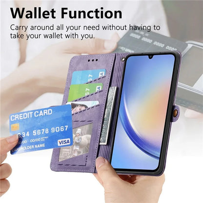 Flip Stand Phone Case for Samsung Galaxy A24 4G (162.1 X 77.6 X 8.3mm) Zipper Pocket Wallet Cell Phone Cover with Wrist Strap