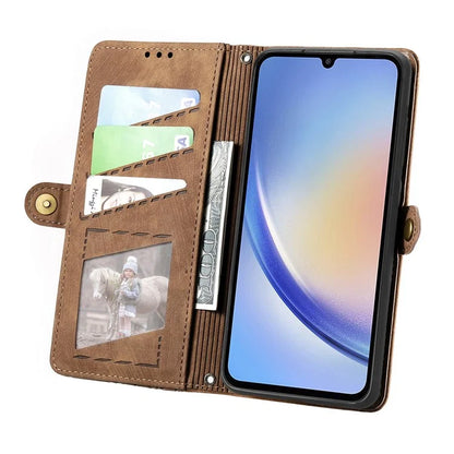 Flip Stand Phone Case for Samsung Galaxy A24 4G (162.1 X 77.6 X 8.3mm) Zipper Pocket Wallet Cell Phone Cover with Wrist Strap