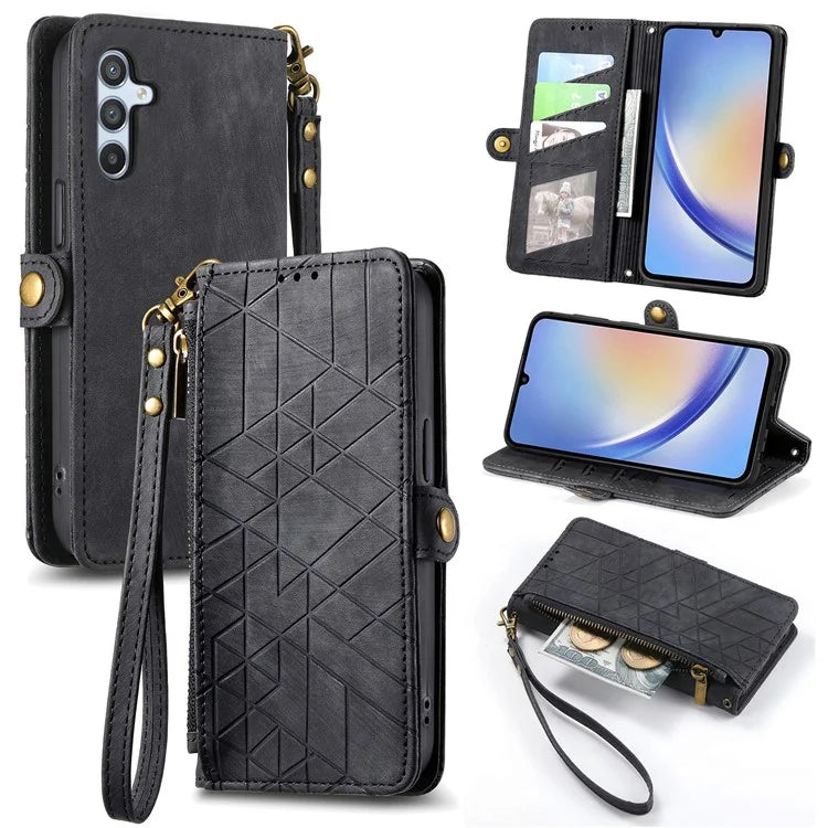 Flip Stand Phone Case for Samsung Galaxy A24 4G (162.1 X 77.6 X 8.3mm) Zipper Pocket Wallet Cell Phone Cover with Wrist Strap