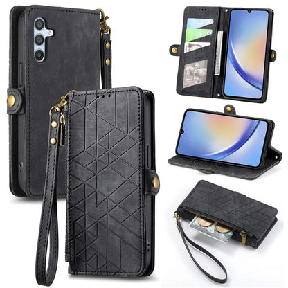 Flip Stand Phone Case for Samsung Galaxy A24 4G (162.1 X 77.6 X 8.3mm) Zipper Pocket Wallet Cell Phone Cover with Wrist Strap