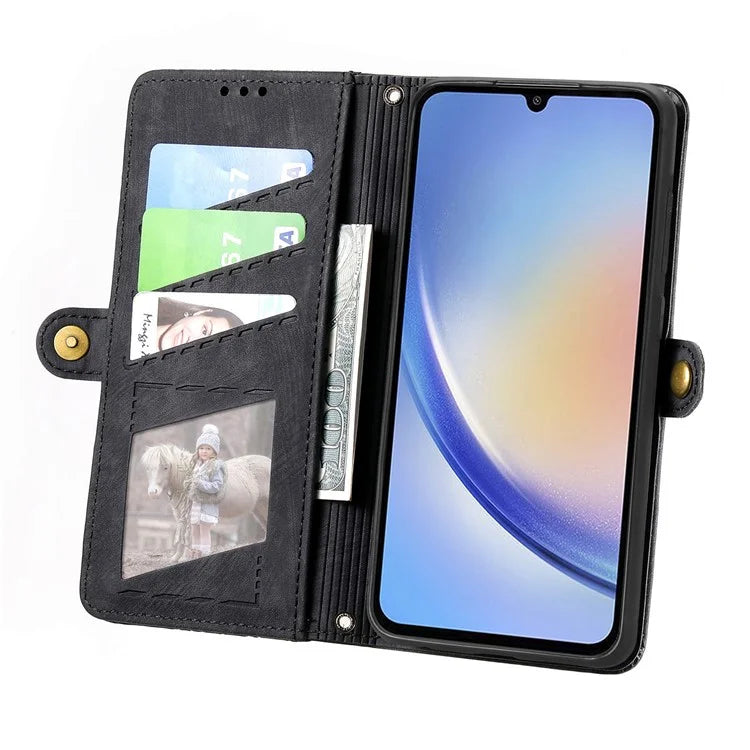 Flip Stand Phone Case for Samsung Galaxy A24 4G (162.1 X 77.6 X 8.3mm) Zipper Pocket Wallet Cell Phone Cover with Wrist Strap