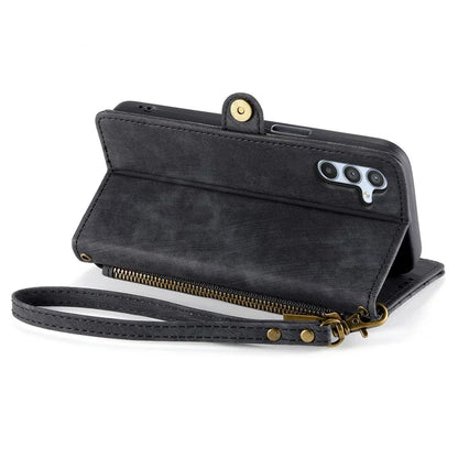 Flip Stand Phone Case for Samsung Galaxy A24 4G (162.1 X 77.6 X 8.3mm) Zipper Pocket Wallet Cell Phone Cover with Wrist Strap