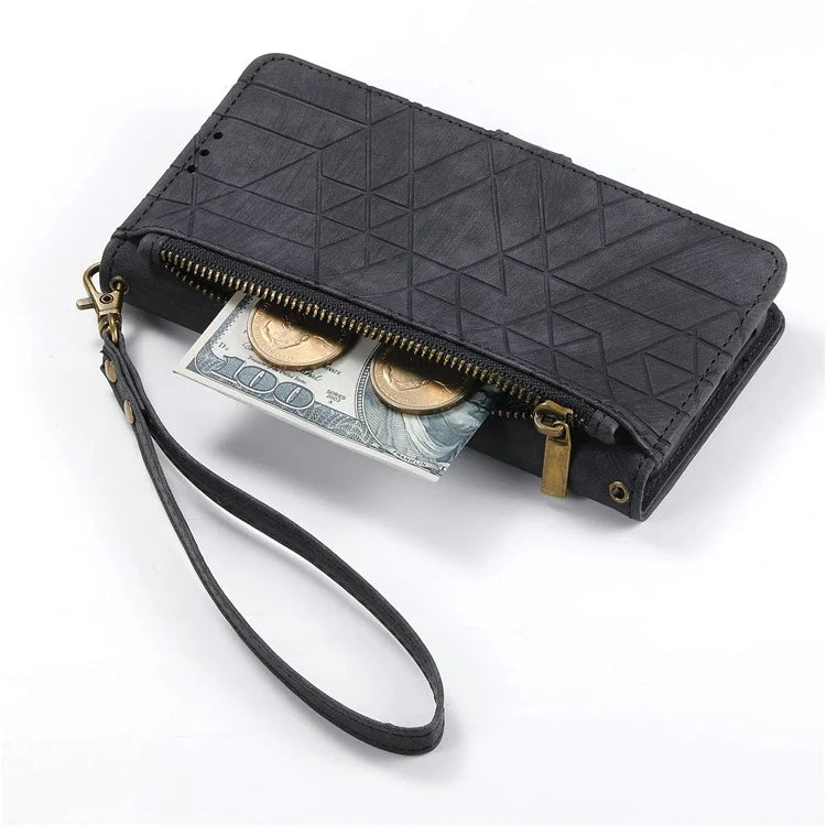 Flip Stand Phone Case for Samsung Galaxy A24 4G (162.1 X 77.6 X 8.3mm) Zipper Pocket Wallet Cell Phone Cover with Wrist Strap