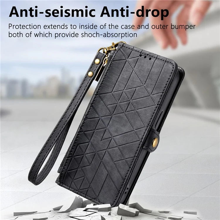 Flip Stand Phone Case for Samsung Galaxy A24 4G (162.1 X 77.6 X 8.3mm) Zipper Pocket Wallet Cell Phone Cover with Wrist Strap