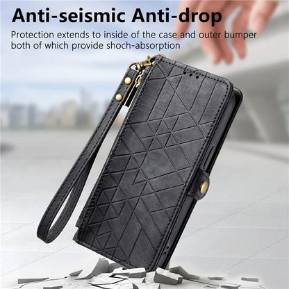 Flip Stand Phone Case for Samsung Galaxy A24 4G (162.1 X 77.6 X 8.3mm) Zipper Pocket Wallet Cell Phone Cover with Wrist Strap