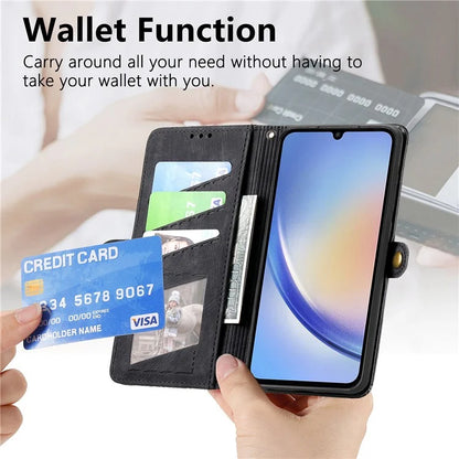 Flip Stand Phone Case for Samsung Galaxy A24 4G (162.1 X 77.6 X 8.3mm) Zipper Pocket Wallet Cell Phone Cover with Wrist Strap