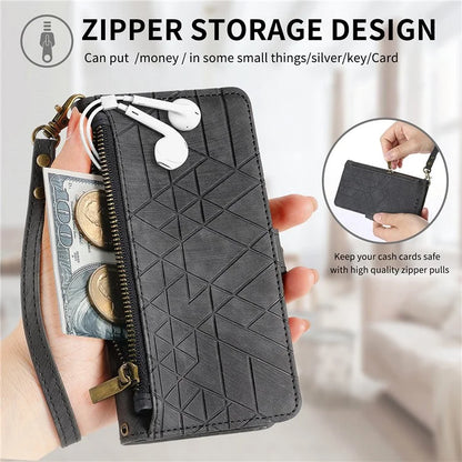 Flip Stand Phone Case for Samsung Galaxy A24 4G (162.1 X 77.6 X 8.3mm) Zipper Pocket Wallet Cell Phone Cover with Wrist Strap