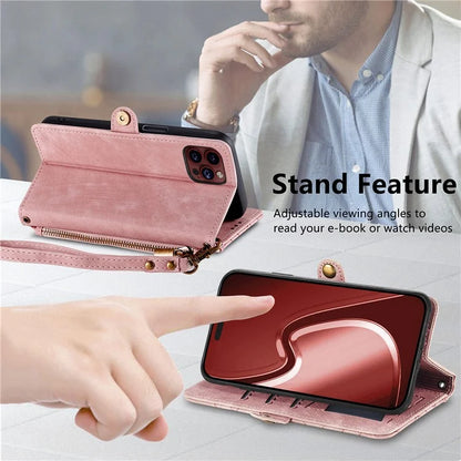 For iPhone 13 Pro Max Case Geometry Zipper Anti-Scratch Wallet Phone Cover with Wrist Strap