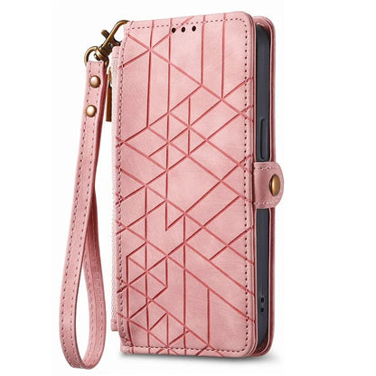 For iPhone 13 Pro Max Case Geometry Zipper Anti-Scratch Wallet Phone Cover with Wrist Strap