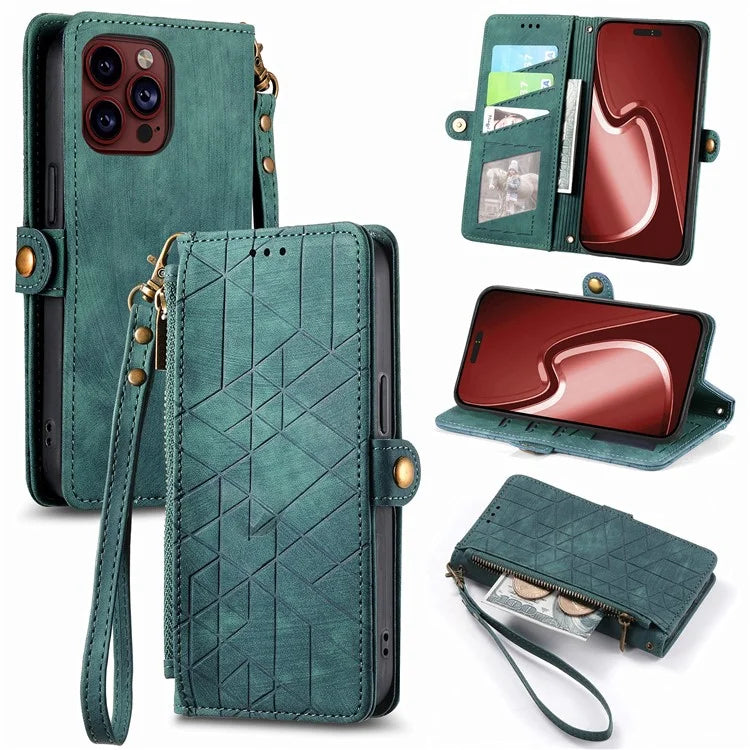 For iPhone 13 Pro Max Case Geometry Zipper Anti-Scratch Wallet Phone Cover with Wrist Strap