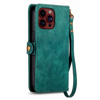 For iPhone 13 Pro Max Case Geometry Zipper Anti-Scratch Wallet Phone Cover with Wrist Strap
