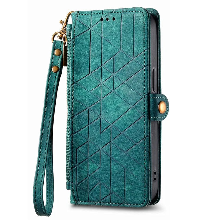 For iPhone 13 Pro Max Case Geometry Zipper Anti-Scratch Wallet Phone Cover with Wrist Strap
