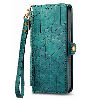 For iPhone 13 Pro Max Case Geometry Zipper Anti-Scratch Wallet Phone Cover with Wrist Strap