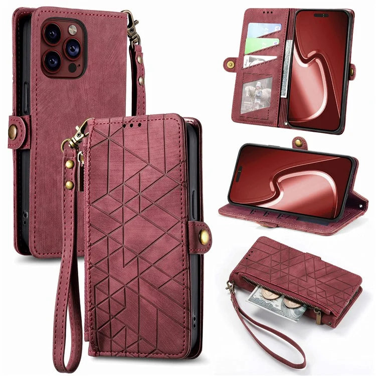 For iPhone 13 Pro Max Case Geometry Zipper Anti-Scratch Wallet Phone Cover with Wrist Strap