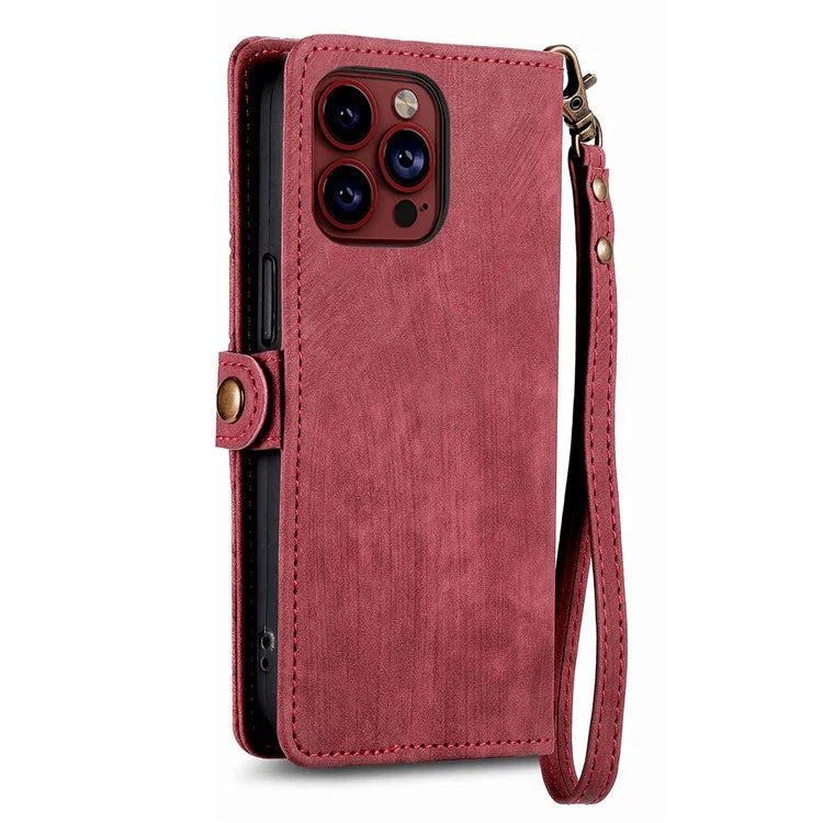 For iPhone 13 Pro Max Case Geometry Zipper Anti-Scratch Wallet Phone Cover with Wrist Strap