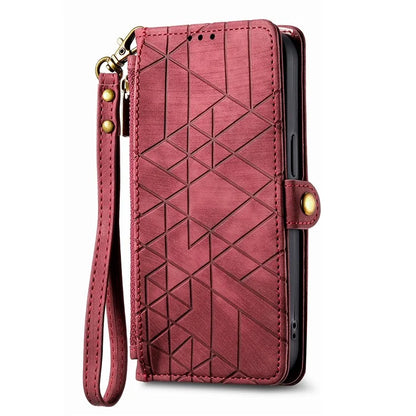 For iPhone 13 Pro Max Case Geometry Zipper Anti-Scratch Wallet Phone Cover with Wrist Strap