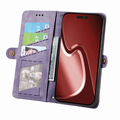 For iPhone 13 Pro Max Case Geometry Zipper Anti-Scratch Wallet Phone Cover with Wrist Strap