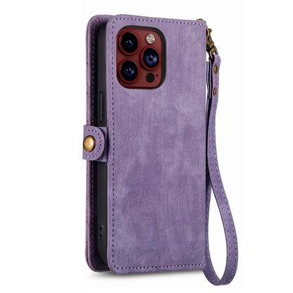 For iPhone 13 Pro Max Case Geometry Zipper Anti-Scratch Wallet Phone Cover with Wrist Strap