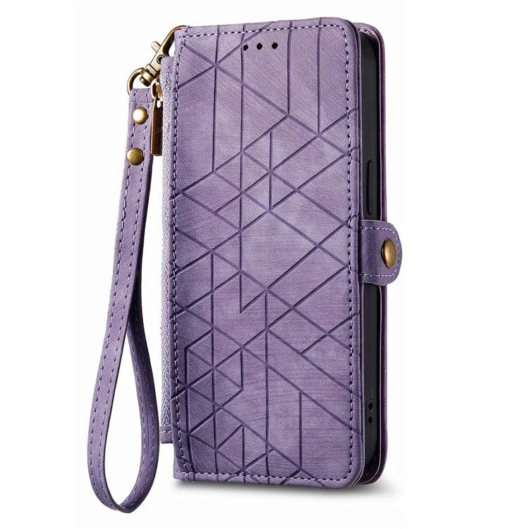 For iPhone 13 Pro Max Case Geometry Zipper Anti-Scratch Wallet Phone Cover with Wrist Strap
