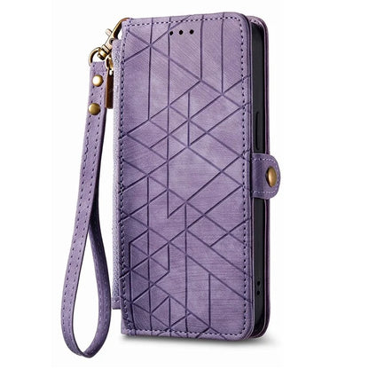 For iPhone 13 Pro Max Case Geometry Zipper Anti-Scratch Wallet Phone Cover with Wrist Strap