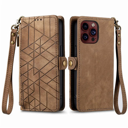 For iPhone 13 Pro Max Case Geometry Zipper Anti-Scratch Wallet Phone Cover with Wrist Strap