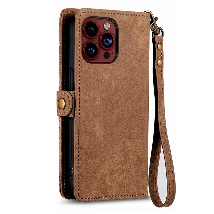 For iPhone 13 Pro Max Case Geometry Zipper Anti-Scratch Wallet Phone Cover with Wrist Strap