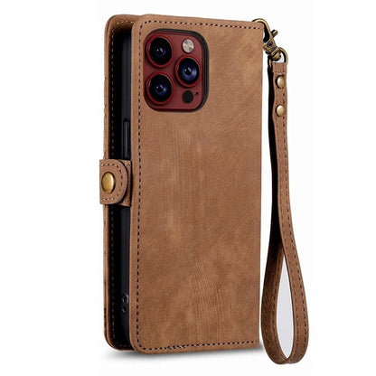 For iPhone 13 Pro Max Case Geometry Zipper Anti-Scratch Wallet Phone Cover with Wrist Strap