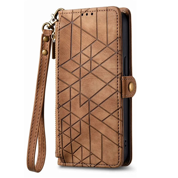 For iPhone 13 Pro Max Case Geometry Zipper Anti-Scratch Wallet Phone Cover with Wrist Strap