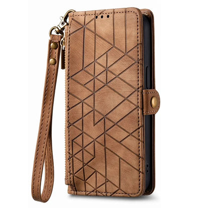 For iPhone 13 Pro Max Case Geometry Zipper Anti-Scratch Wallet Phone Cover with Wrist Strap