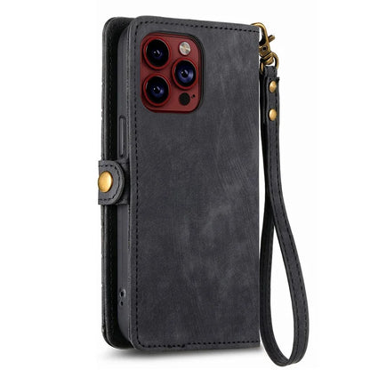 For iPhone 13 Pro Max Case Geometry Zipper Anti-Scratch Wallet Phone Cover with Wrist Strap