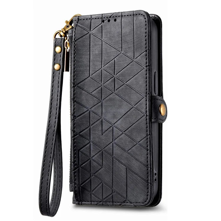 For iPhone 13 Pro Max Case Geometry Zipper Anti-Scratch Wallet Phone Cover with Wrist Strap