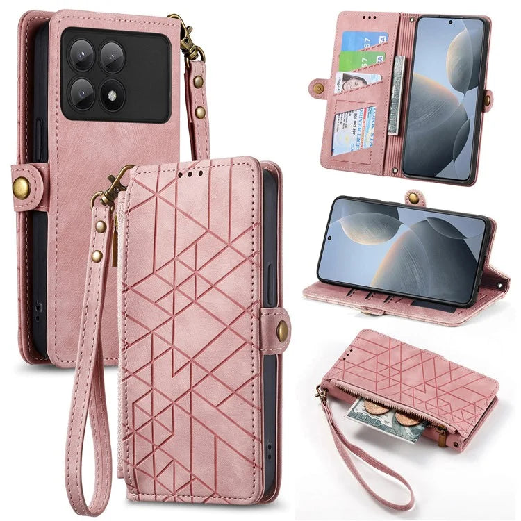For Xiaomi Redmi K70E 5G / Poco X6 Pro 5G Case Geometry Leather Folio Flip Phone Cover with Wrist Strap