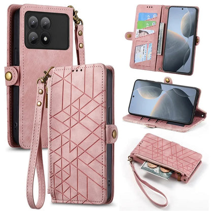For Xiaomi Redmi K70E 5G / Poco X6 Pro 5G Case Geometry Leather Folio Flip Phone Cover with Wrist Strap