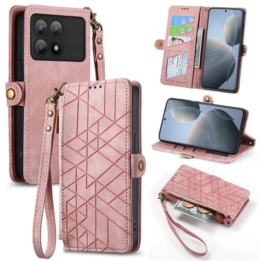 For Xiaomi Redmi K70E 5G / Poco X6 Pro 5G Case Geometry Leather Folio Flip Phone Cover with Wrist Strap