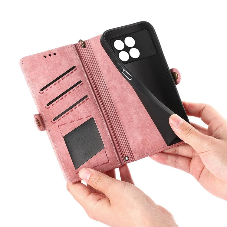 For Xiaomi Redmi K70E 5G / Poco X6 Pro 5G Case Geometry Leather Folio Flip Phone Cover with Wrist Strap