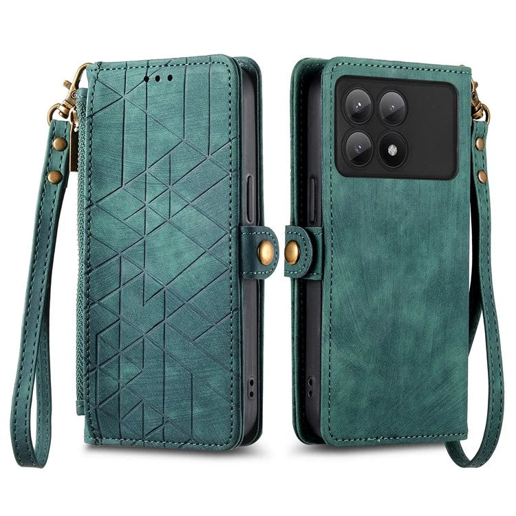 For Xiaomi Redmi K70E 5G / Poco X6 Pro 5G Case Geometry Leather Folio Flip Phone Cover with Wrist Strap