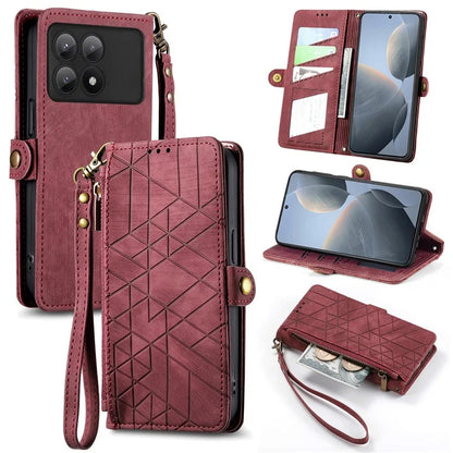 For Xiaomi Redmi K70E 5G / Poco X6 Pro 5G Case Geometry Leather Folio Flip Phone Cover with Wrist Strap