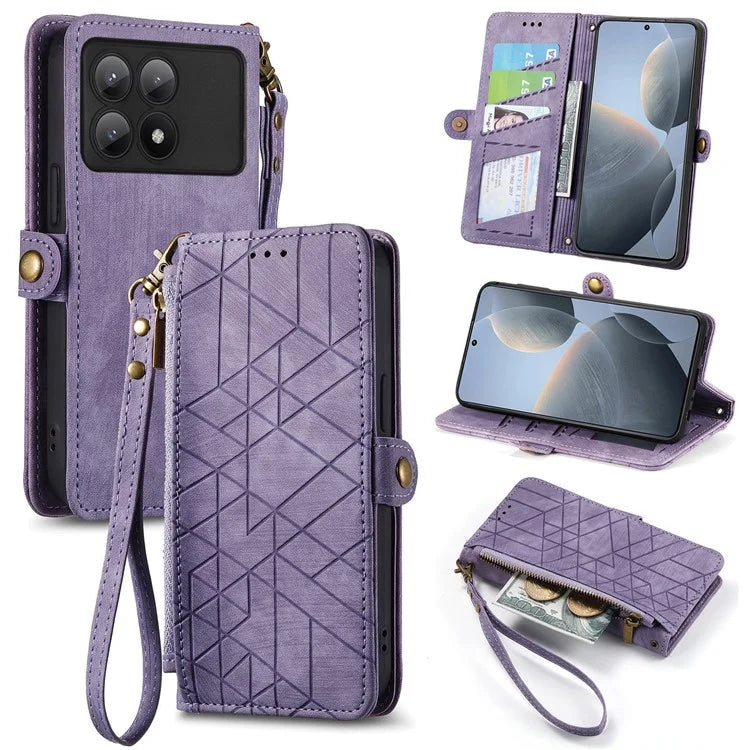 For Xiaomi Redmi K70E 5G / Poco X6 Pro 5G Case Geometry Leather Folio Flip Phone Cover with Wrist Strap