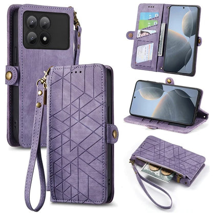 For Xiaomi Redmi K70E 5G / Poco X6 Pro 5G Case Geometry Leather Folio Flip Phone Cover with Wrist Strap
