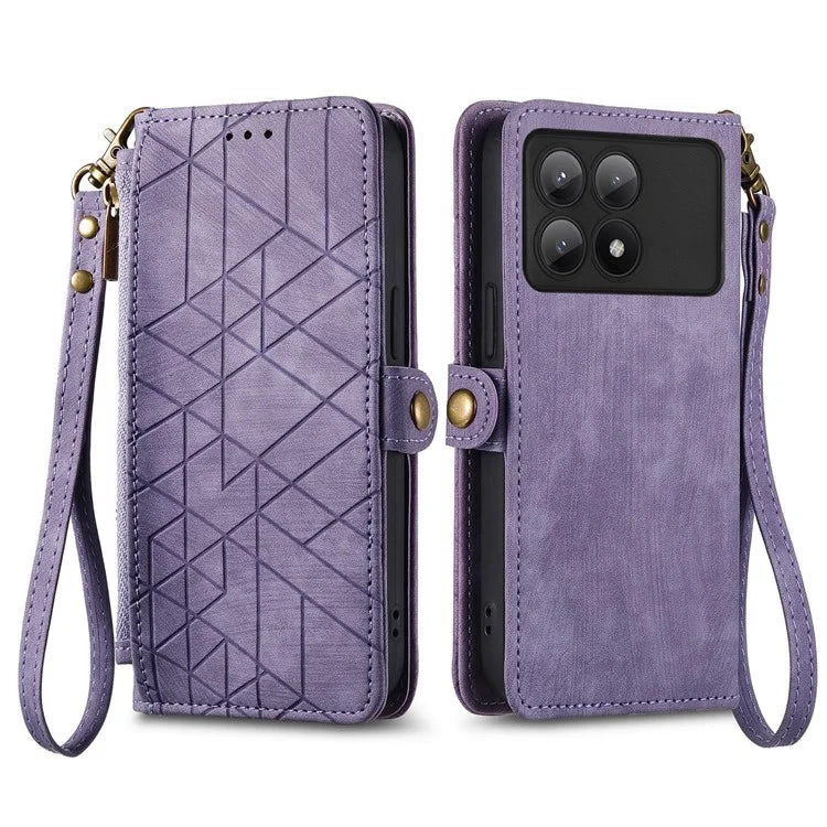 For Xiaomi Redmi K70E 5G / Poco X6 Pro 5G Case Geometry Leather Folio Flip Phone Cover with Wrist Strap