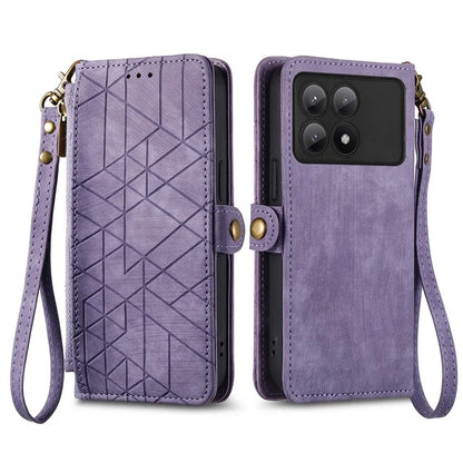 For Xiaomi Redmi K70E 5G / Poco X6 Pro 5G Case Geometry Leather Folio Flip Phone Cover with Wrist Strap