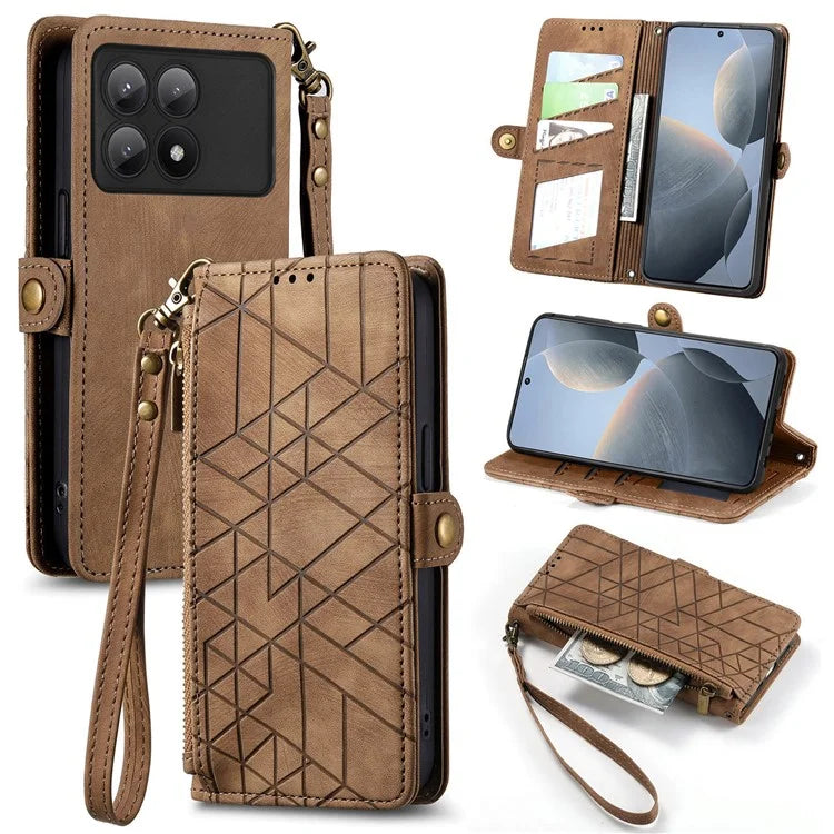 For Xiaomi Redmi K70E 5G / Poco X6 Pro 5G Case Geometry Leather Folio Flip Phone Cover with Wrist Strap