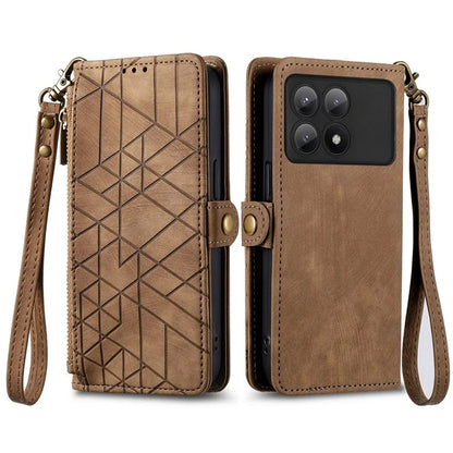 For Xiaomi Redmi K70E 5G / Poco X6 Pro 5G Case Geometry Leather Folio Flip Phone Cover with Wrist Strap