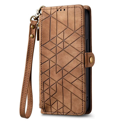 For Xiaomi Redmi K70E 5G / Poco X6 Pro 5G Case Geometry Leather Folio Flip Phone Cover with Wrist Strap