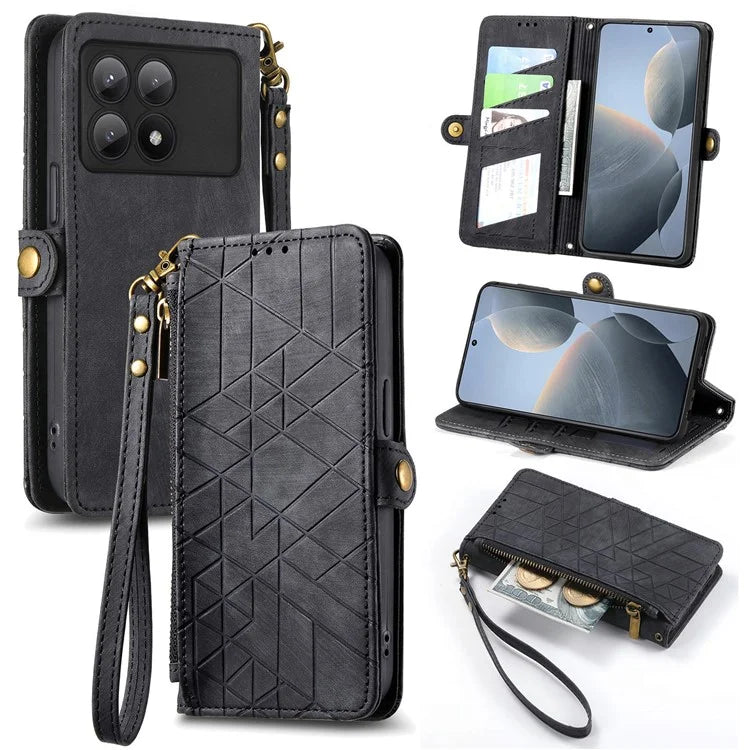 For Xiaomi Redmi K70E 5G / Poco X6 Pro 5G Case Geometry Leather Folio Flip Phone Cover with Wrist Strap