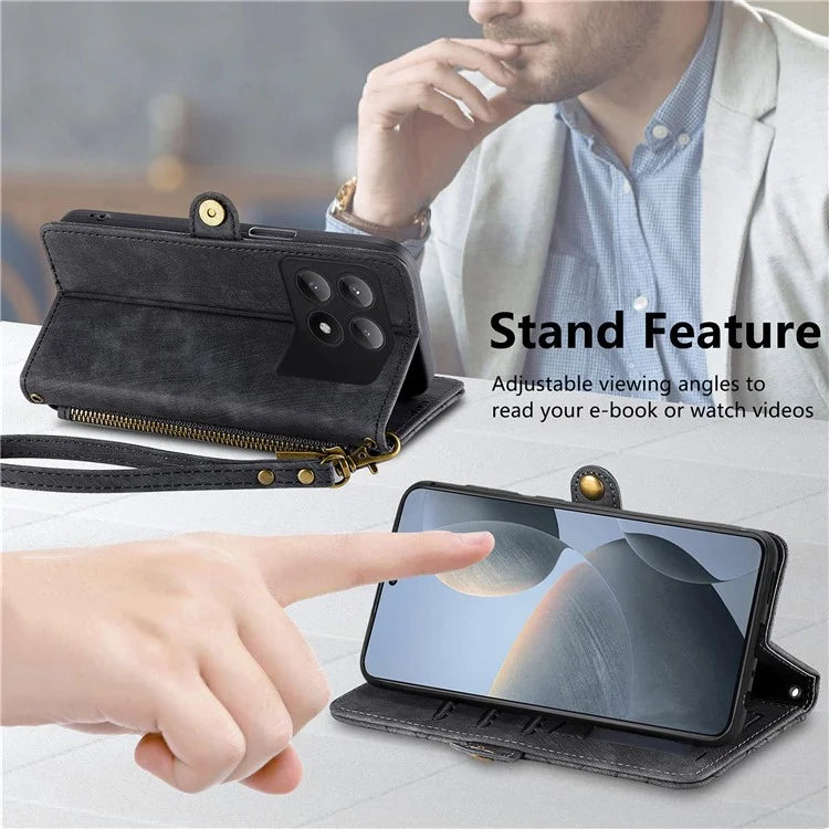 For Xiaomi Redmi K70E 5G / Poco X6 Pro 5G Case Geometry Leather Folio Flip Phone Cover with Wrist Strap